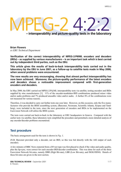 MPEG-2 4:2:2 – interoperability and picture-quality tests in the laboratory