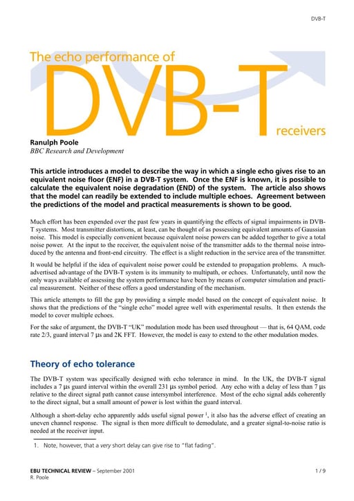 The echo performance of DVB-T receivers