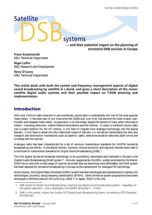 Satellite DSB systems — and planning of terrestrial DAB in Europe
