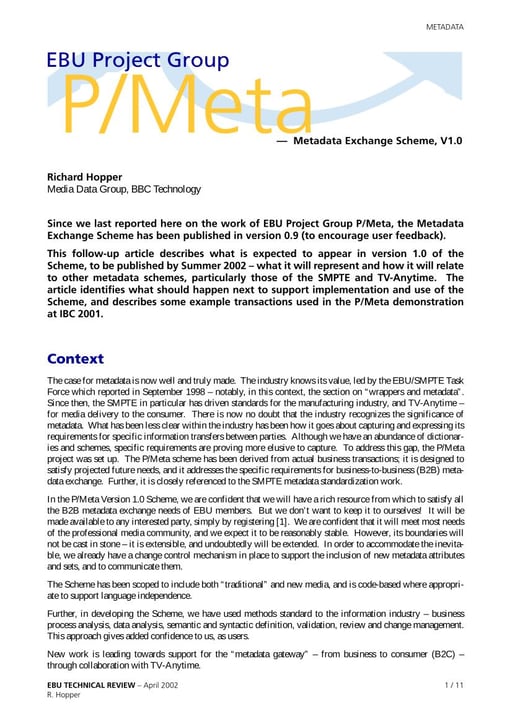 EBU Project Group P/Meta — Metadata Exchange Scheme, V1.0