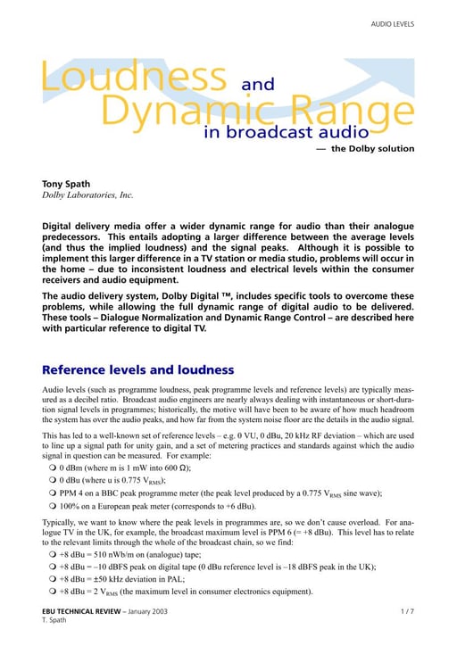 Loudness and Dynamic Range in broadcast audio — the Dolby solution