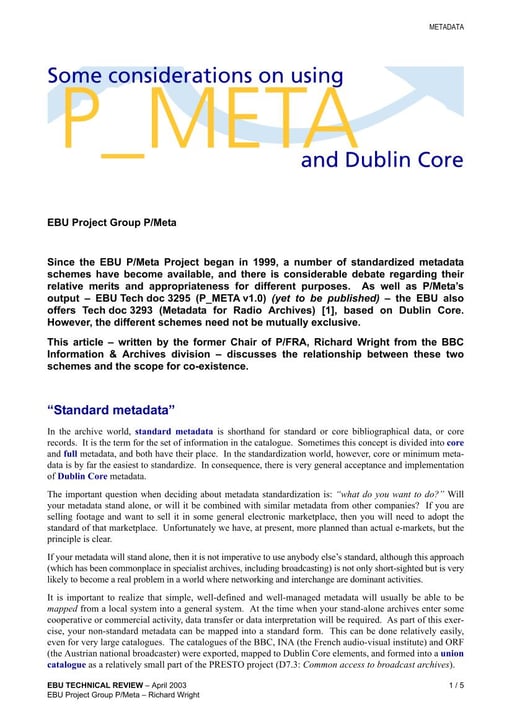 Some considerations on using P_META and Dublin Core