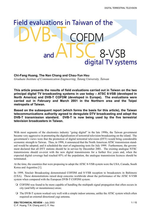 Field evaluations in Taiwan of DVB-T COFDM and ATSC 8-VSB