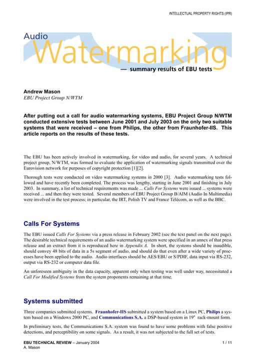 Audio Watermarking — summary results of EBU tests