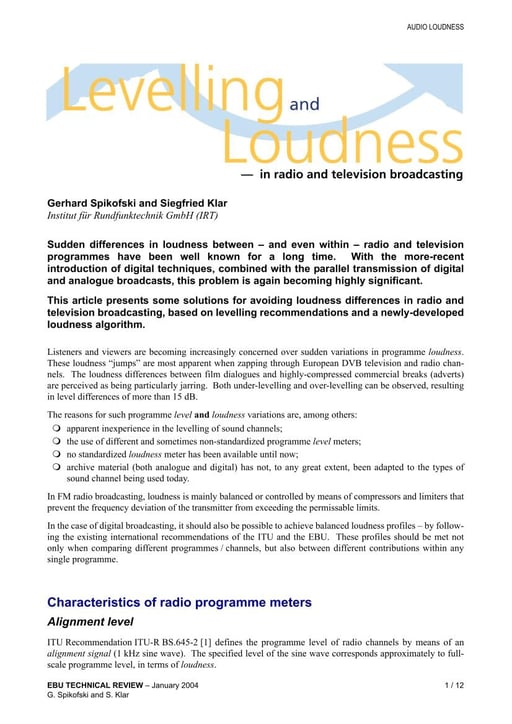 Levelling and Loudness — in radio and television broadcasting