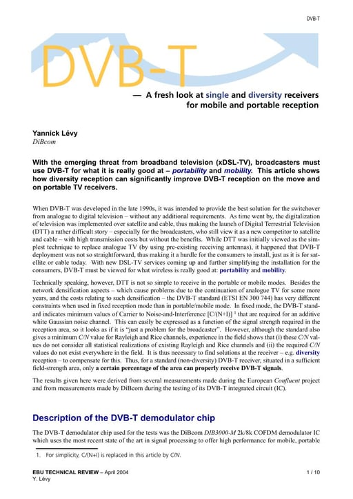 DVB-T - A fresh look at single and diversity receivers