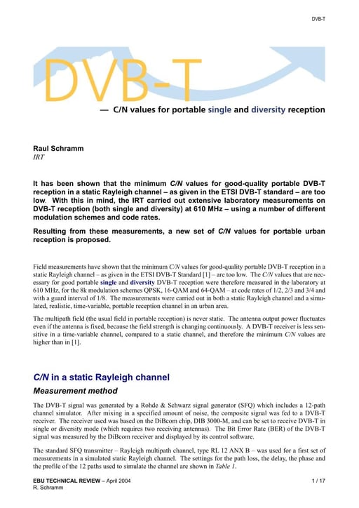 DVB-T — C/N values for portable single and diversity reception