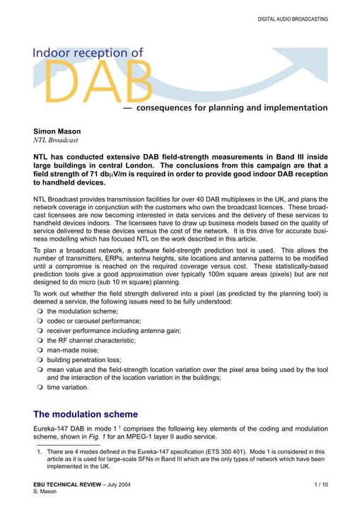 Indoor reception of DAB — consequences for planning and implementation