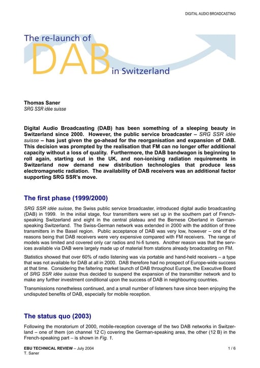The re-launch of DAB in Switzerland