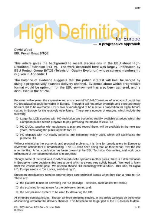High Definition for Europe — a progressive approach
