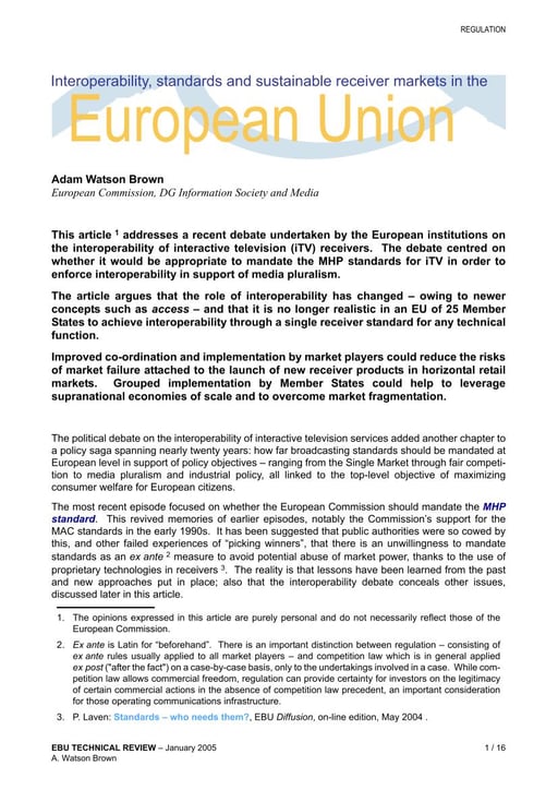 Interoperability, standards and sustainable receiver markets in the EU