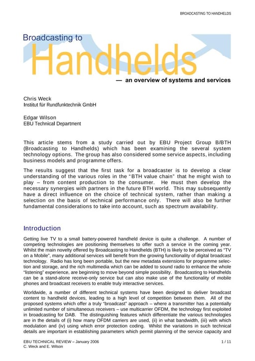 Broadcasting to Handhelds - an overview of systems and services