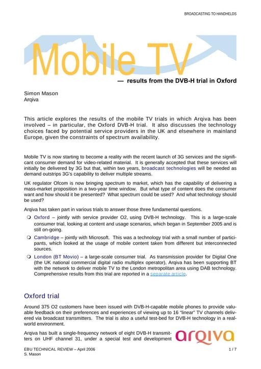 Mobile TV — results from the DVB-H trial in Oxford
