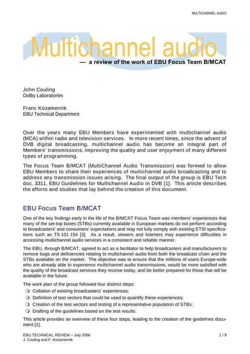 Multichannel audio — a review of the work of EBU Focus Team B/MCAT