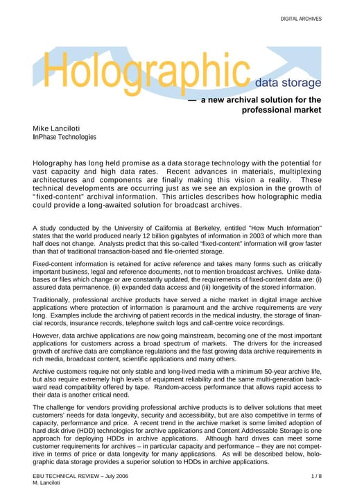 Holographic data storage — a new solution for the professional market