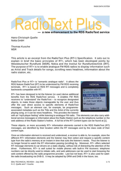 RadioText Plus — a new enhancement to the RDS RadioText service