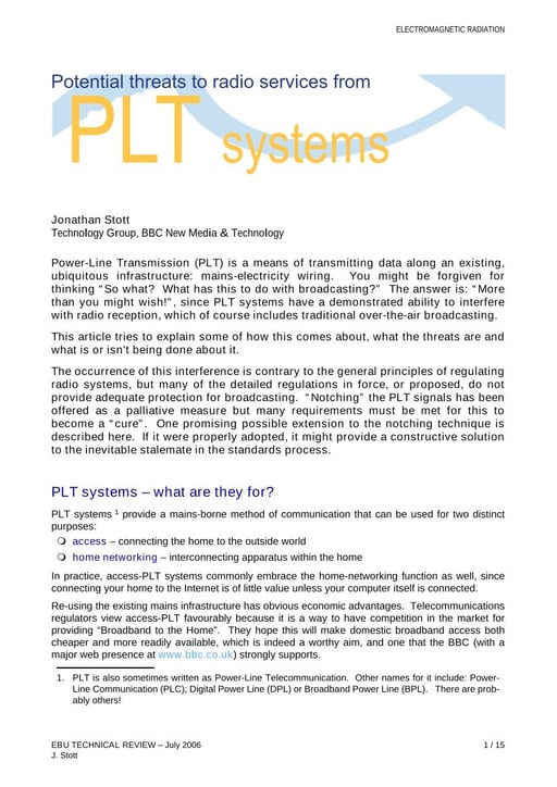 Potential threats to radio services from PLT systems