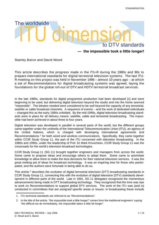 The worldwide ITU dimension to DTV standards