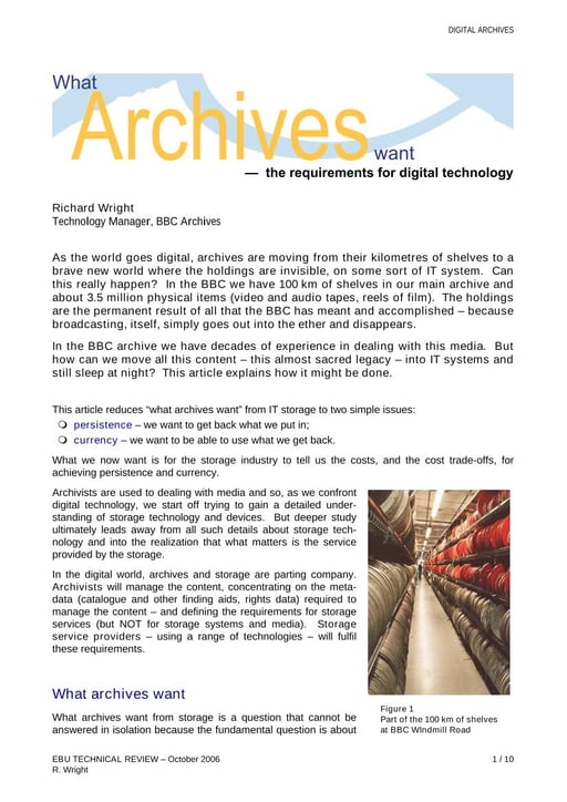 What archives want — the requirements for digital technology