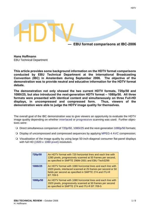 HDTV — EBU format comparisons at IBC 2006
