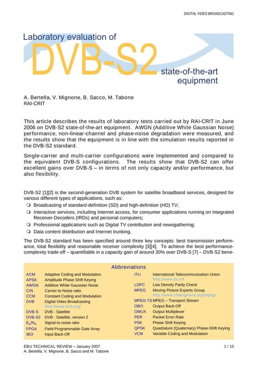Laboratory evaluation of DVB-S2 state-of-the-art equipment