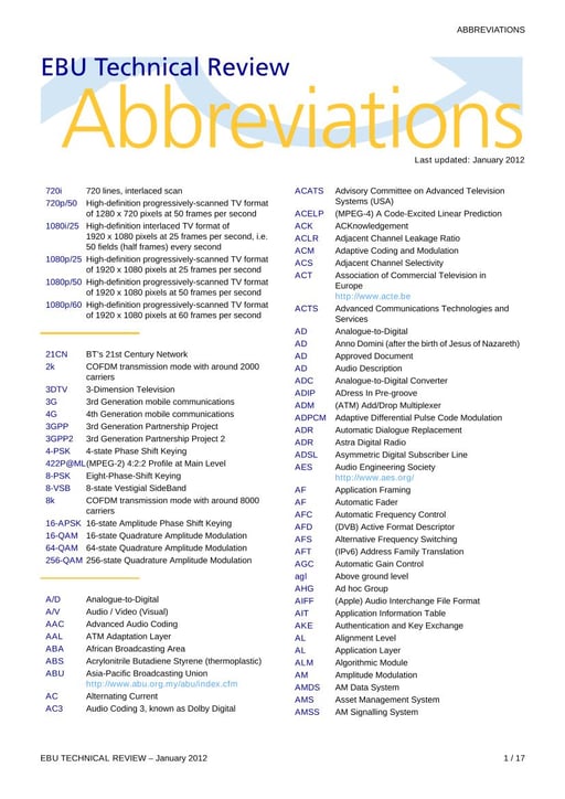 EBU Technical Review abbreviations