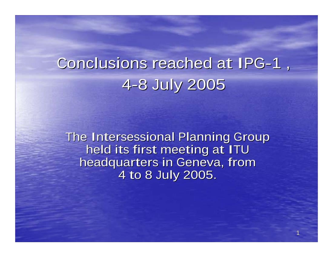 Conclusions of the first IPG meeting and future work of IPG